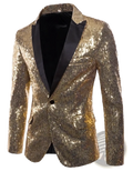 Men sequin blazer formal party suit jacket in gold sequins with black satin lapels and inner lining