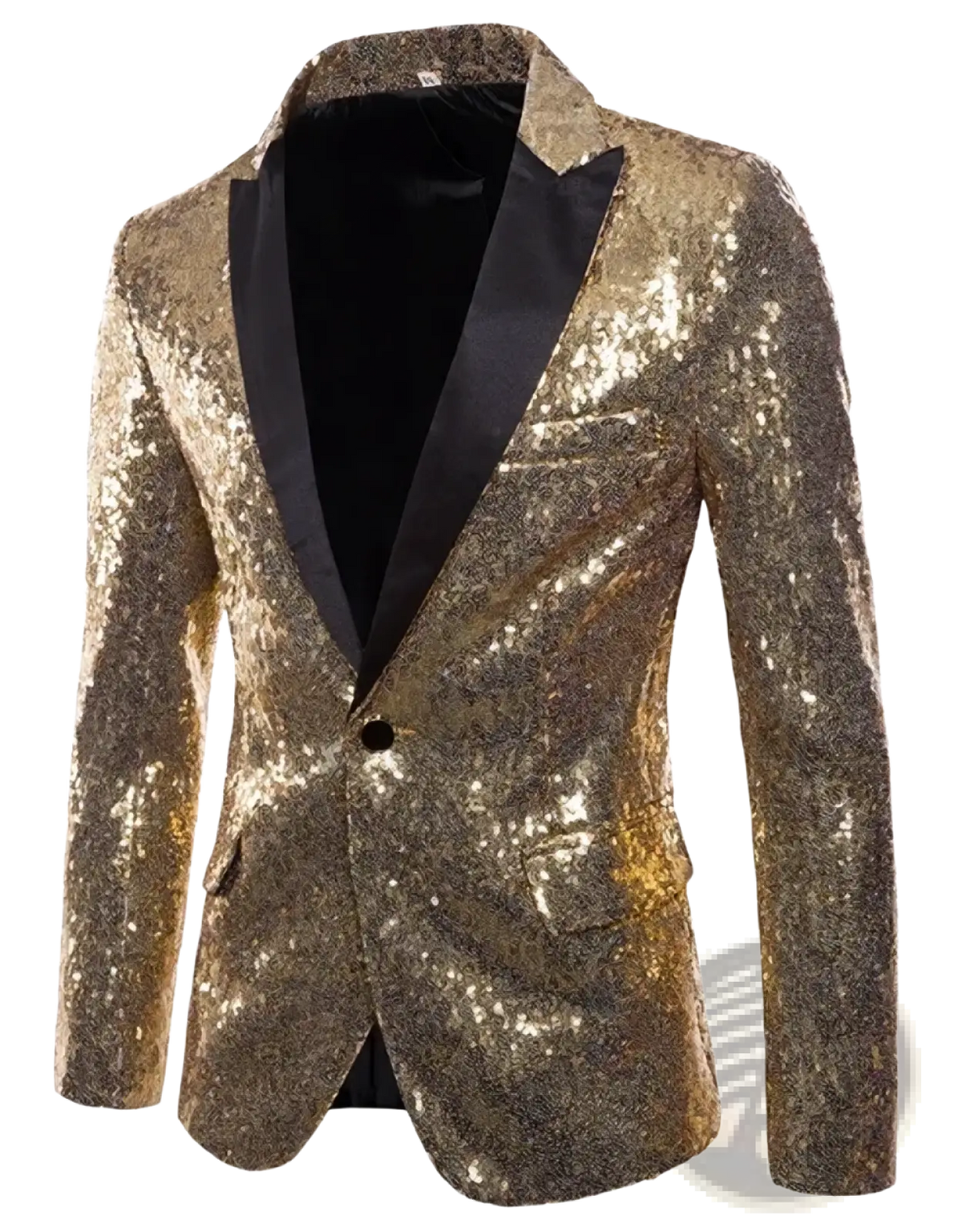 Men sequin blazer formal party suit jacket in gold sequins with black satin lapels and inner lining