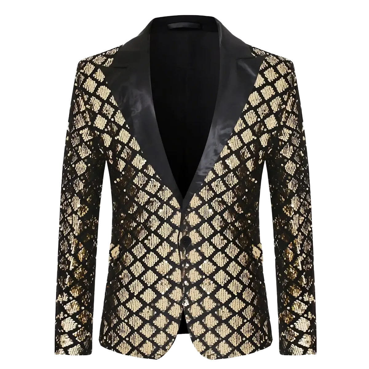 Men sequin blazer in black and gold with diamond pattern for royal blue party jacket style