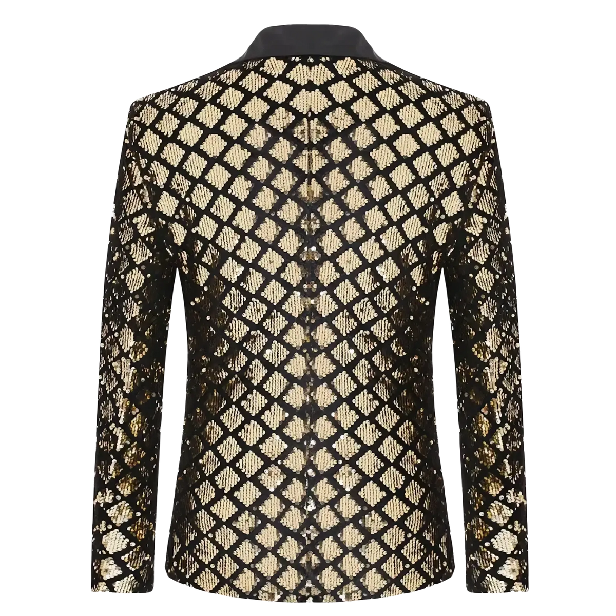 Black and gold sequined men sequin blazer with diamond pattern suitable for royal blue party jacket looks