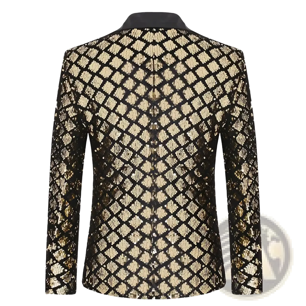 Black and gold sequined men sequin blazer with diamond pattern suitable for royal blue party jacket looks