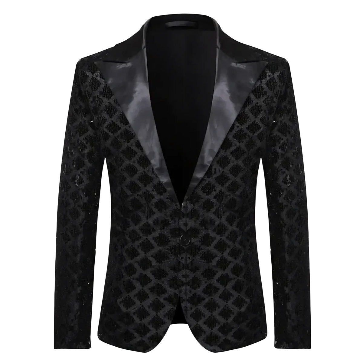 Men sequin blazer royal blue party jacket with black sequined fabric, glossy satin lapel, and diamond-patterned design