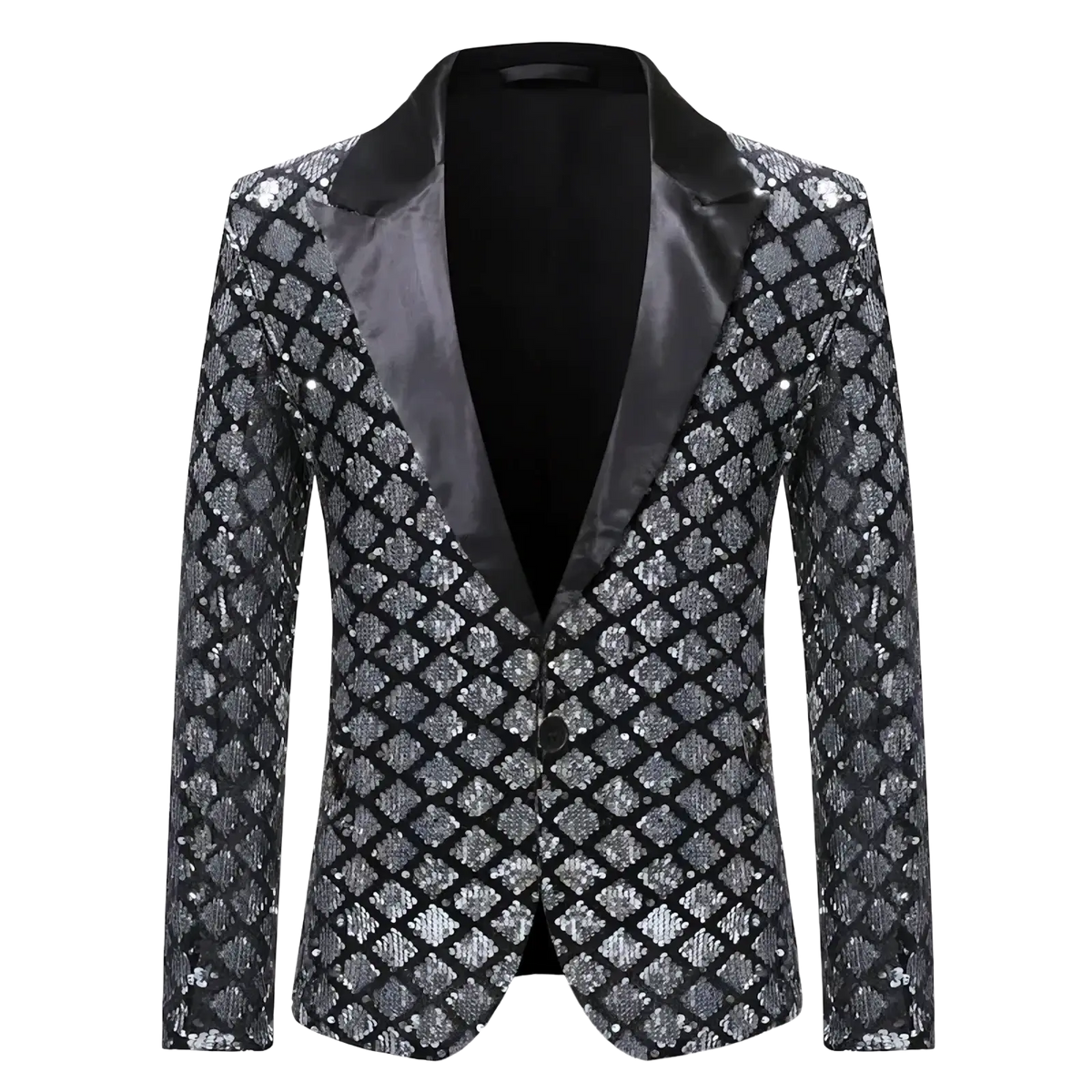 Men sequin blazer royal blue party jacket featuring a shimmering black and silver sequined fabric with a satin lapel