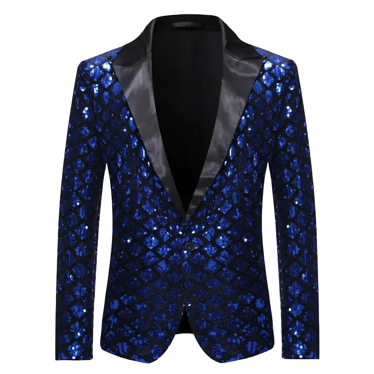 Men sequin blazer royal blue party jacket featuring dazzling sequins with black satin lapel and inner lining