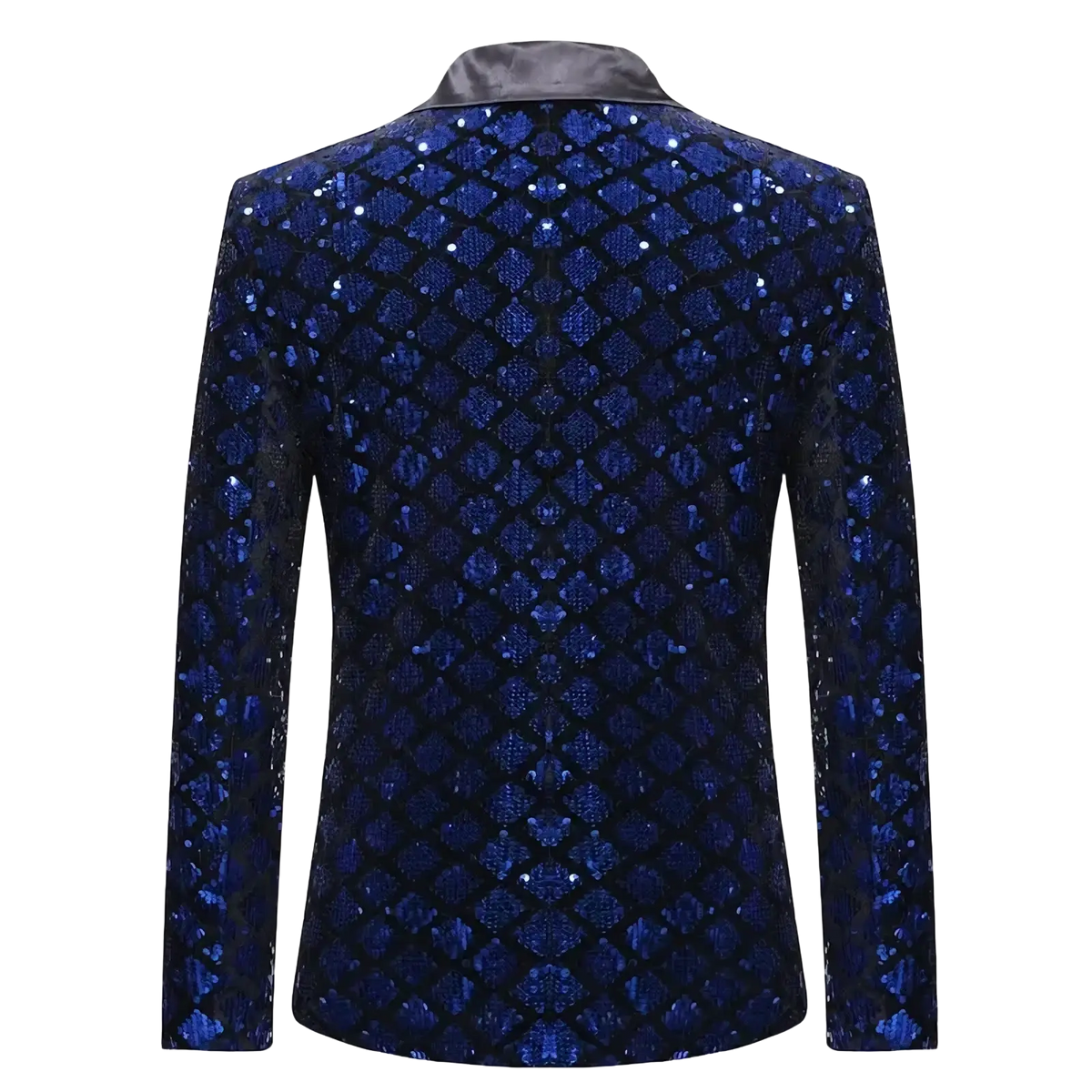 A men sequin blazer in royal blue with shimmering sequins and a black satin collar for party wear