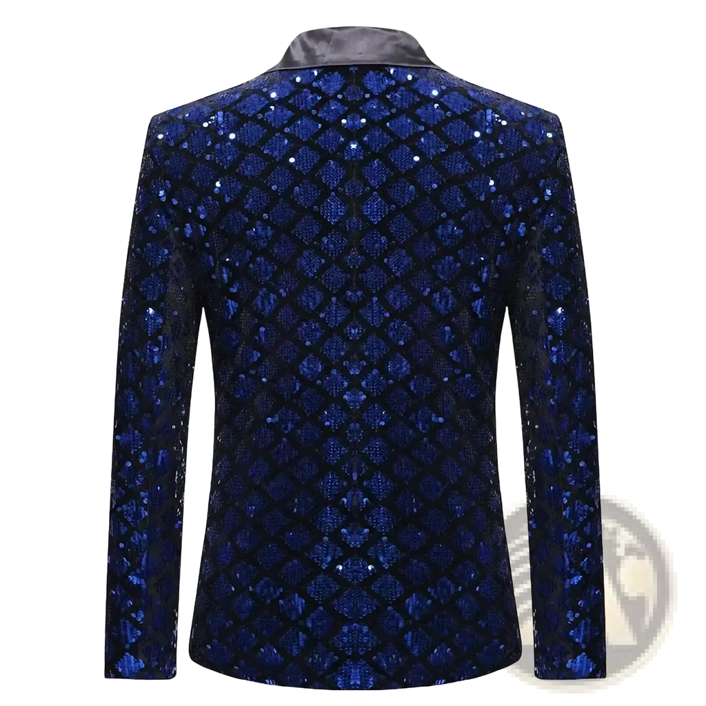 A men sequin blazer in royal blue with shimmering sequins and a black satin collar for party wear