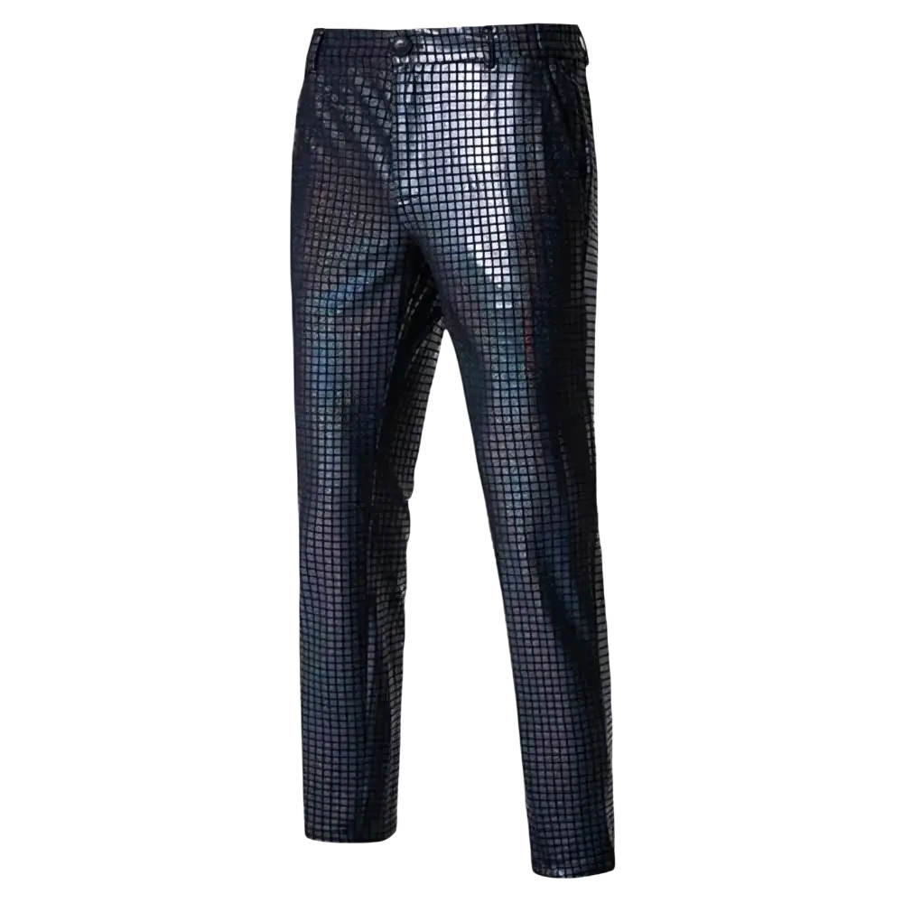 Men sequined checkered suit pants in black patent leather with a subtle grid pattern for shimmering party wear