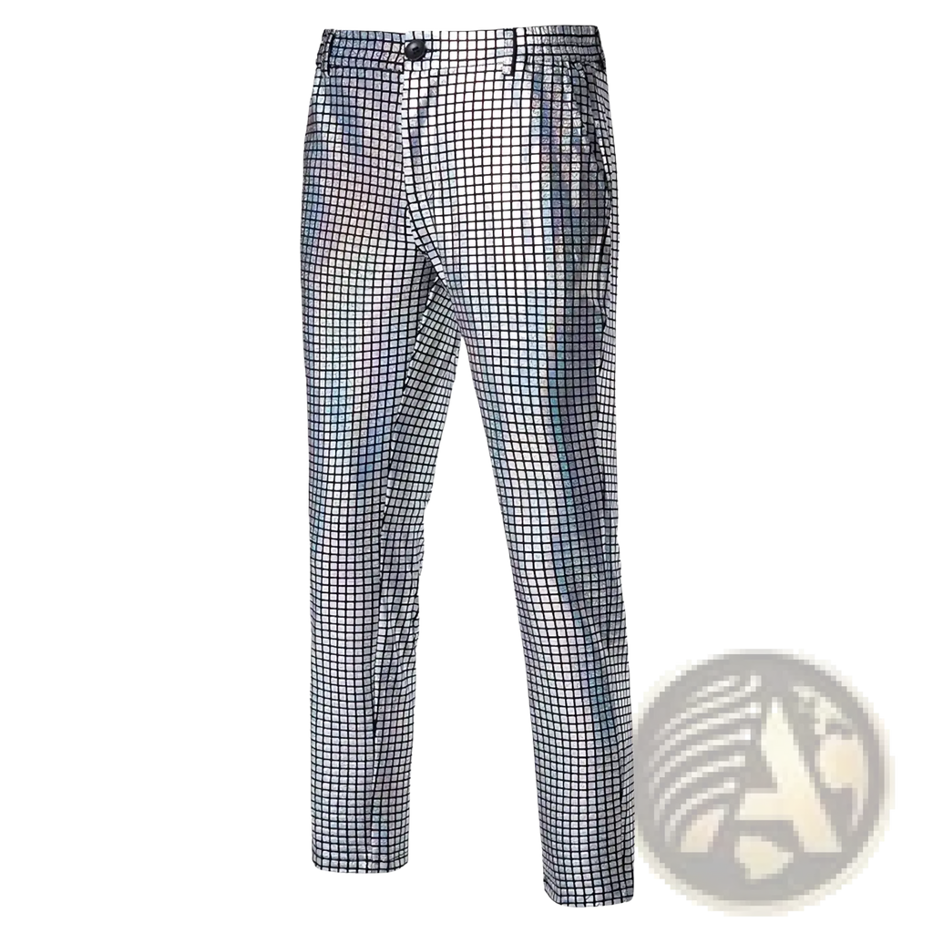 Men sequined checkered suit pants in black and white with an iridescent shimmering side for party wear