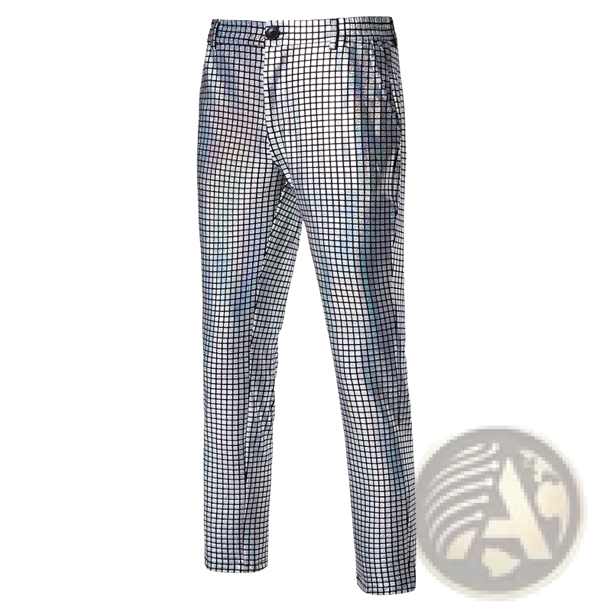 Men sequined checkered suit pants in black and white with an iridescent shimmering side for party wear