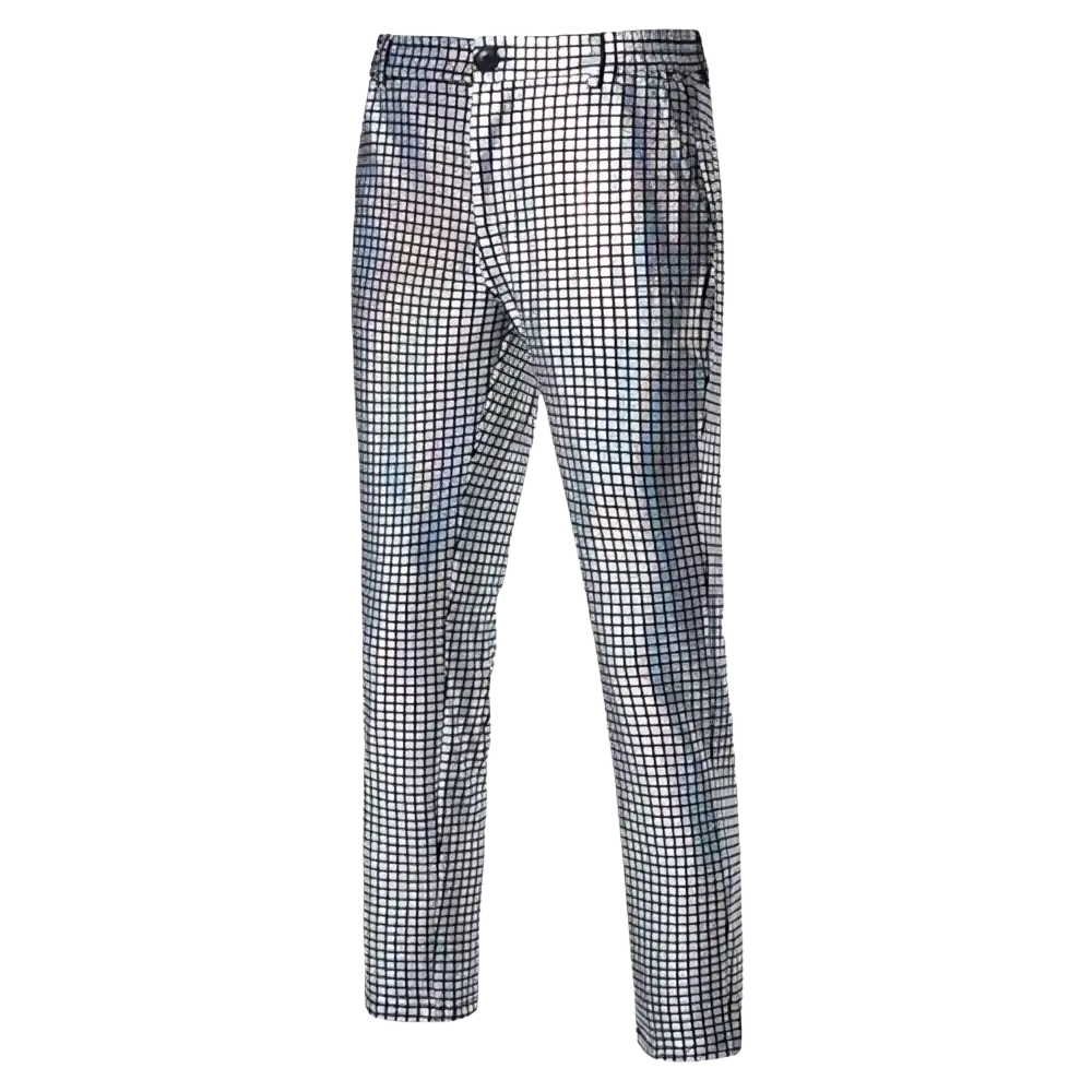 Men sequined shimmering slim fit checkered suit trousers in black and white for party wear