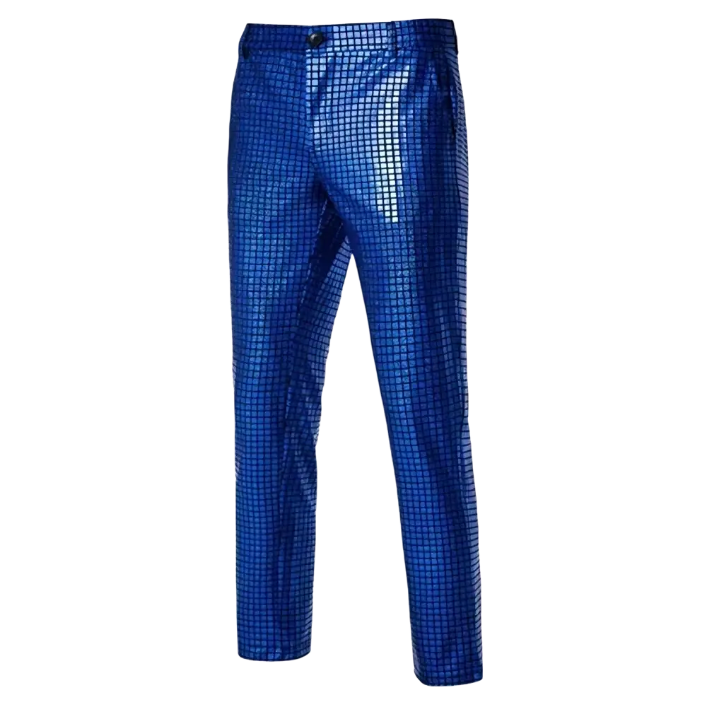 Men sequined checkered suit pants in blue with a shimmering grid pattern ideal for party wear