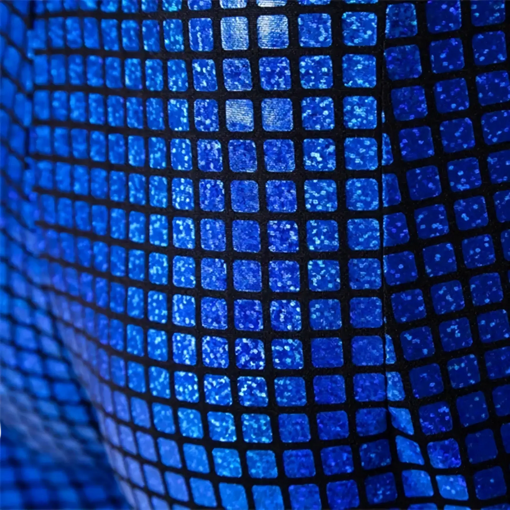Men sequined checkered suit pants in blue glittery mosaic tile fabric with a shimmering grid pattern for parties