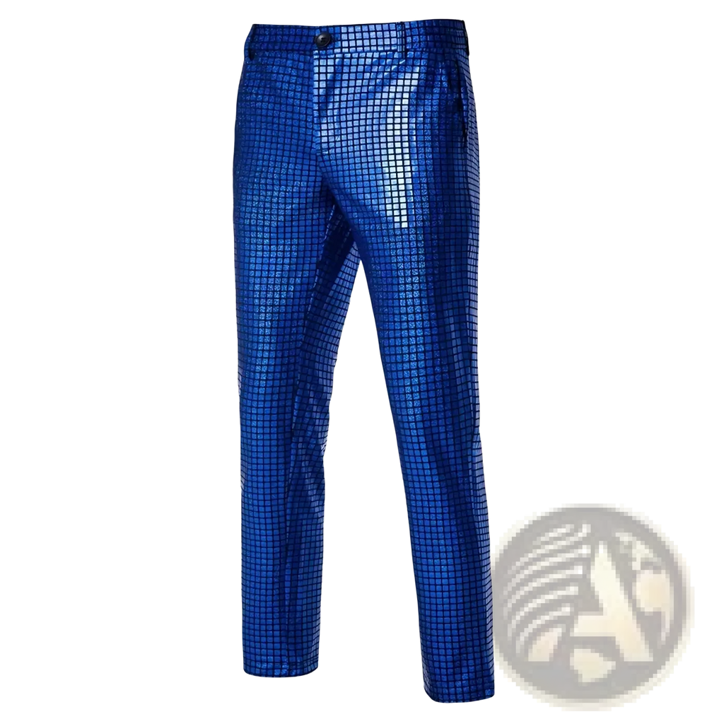 Men sequined checkered suit pants in blue with a shimmering grid pattern ideal for party wear