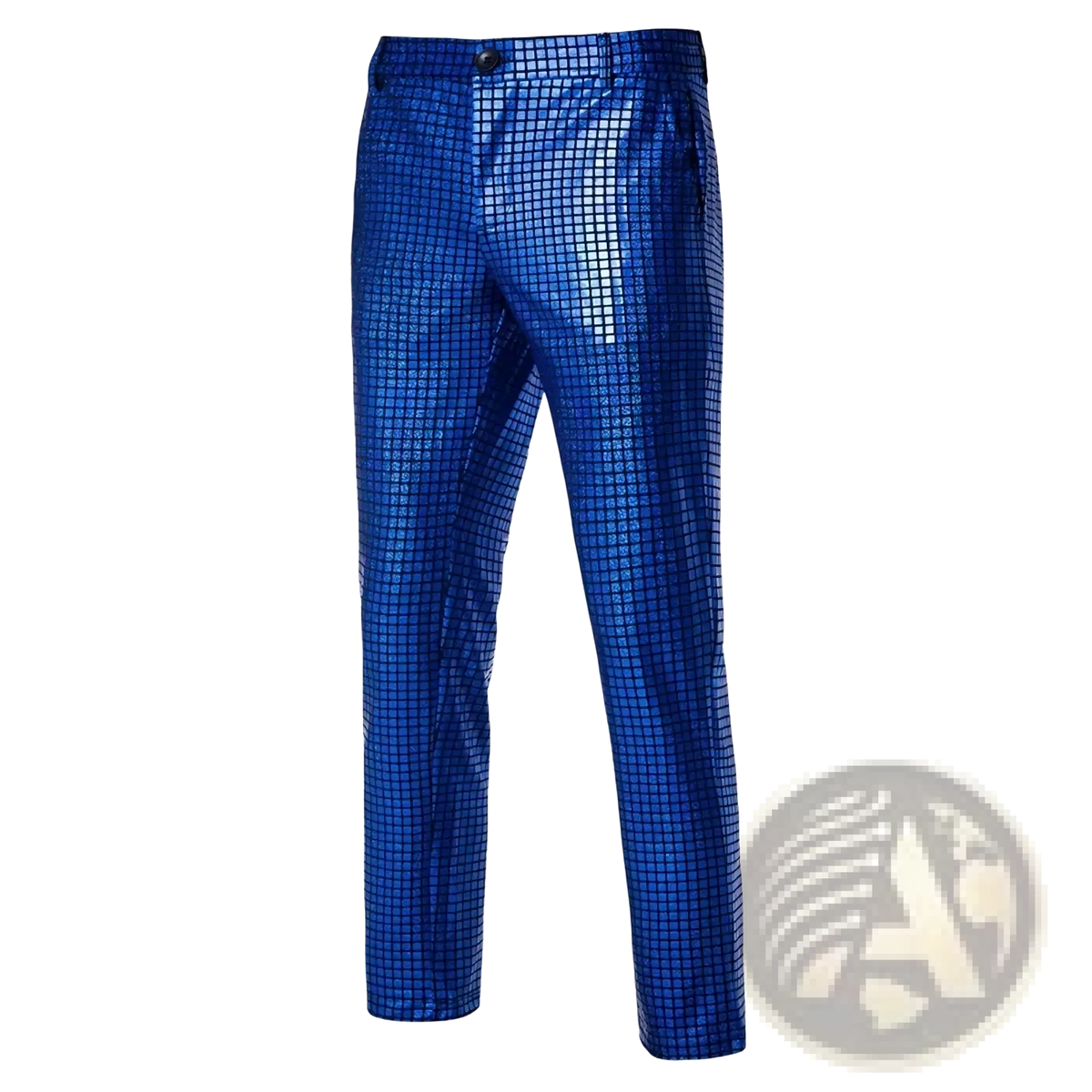 Men sequined checkered suit pants in blue with a shimmering grid pattern ideal for party wear