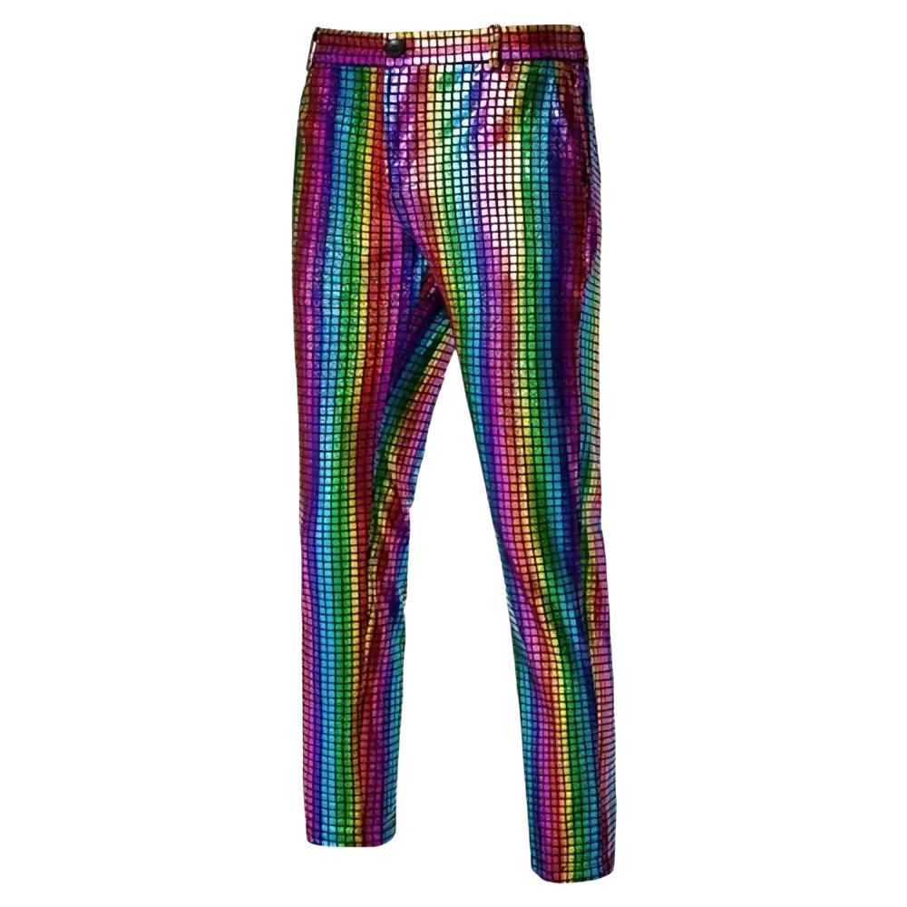 Men sequined checkered suit pants with rainbow iridescent grid pattern and shiny metallic finish for parties