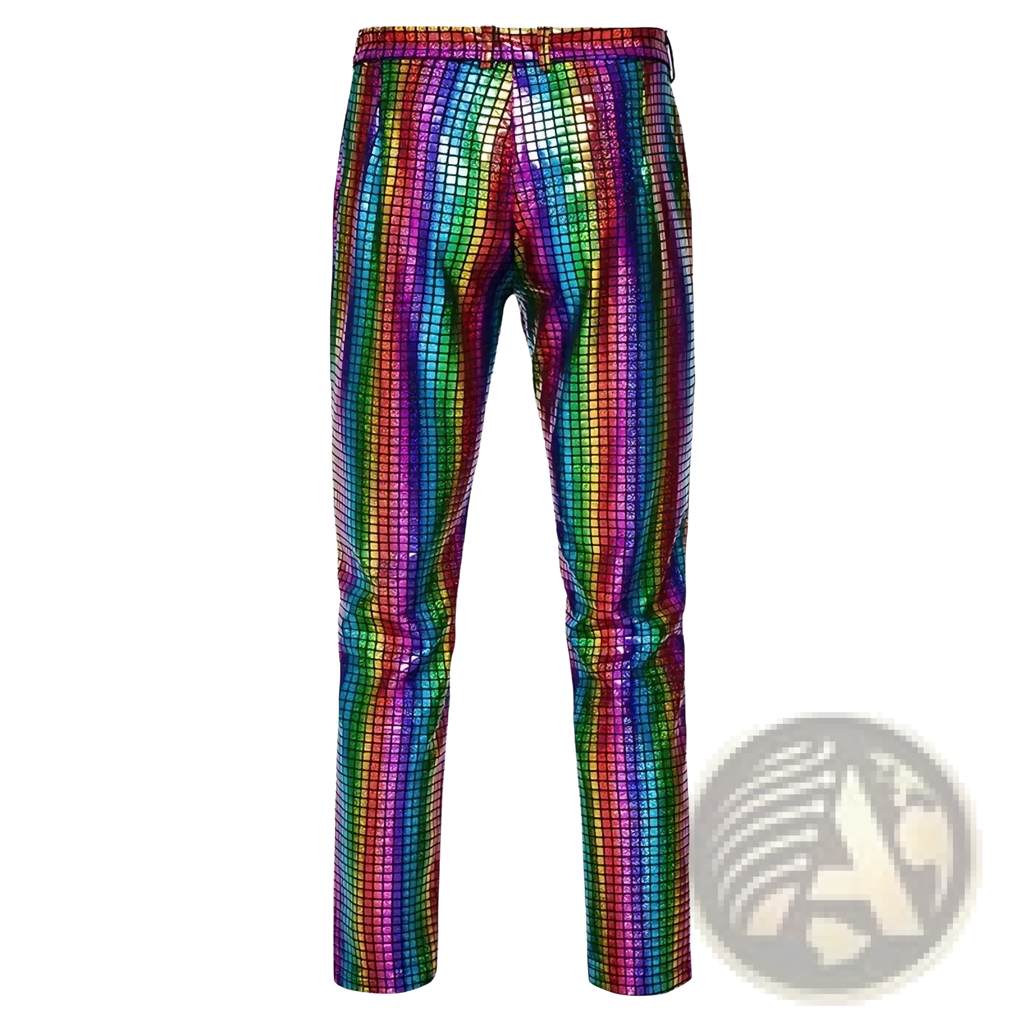 Men sequined checkered suit pants with rainbow-striped shimmering sequins ideal for party wear