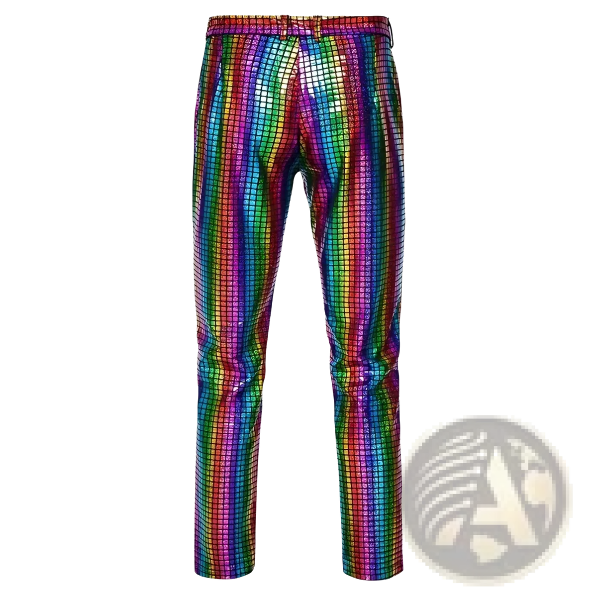 Men sequined checkered suit pants with rainbow-striped shimmering sequins ideal for party wear