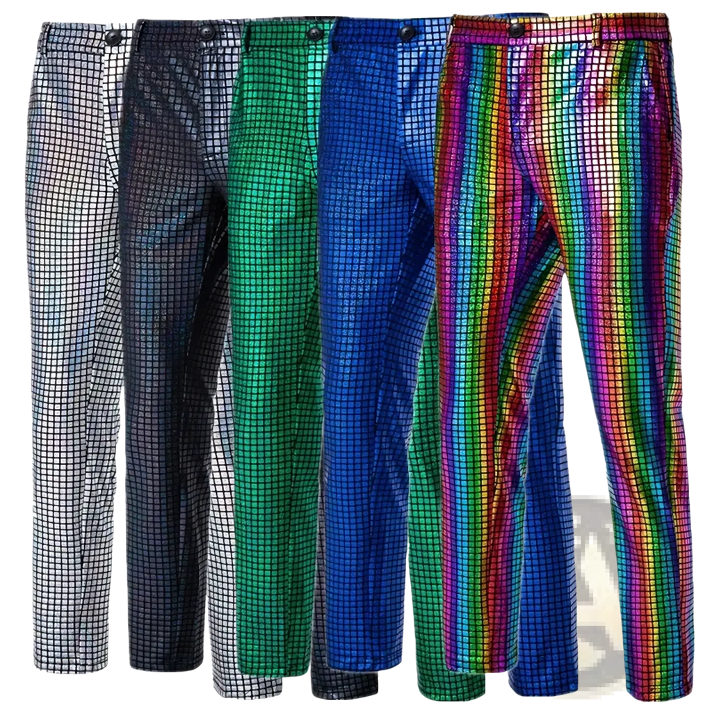 A set of men sequined checkered suit pants in silver black green blue and rainbow stripes for party wear