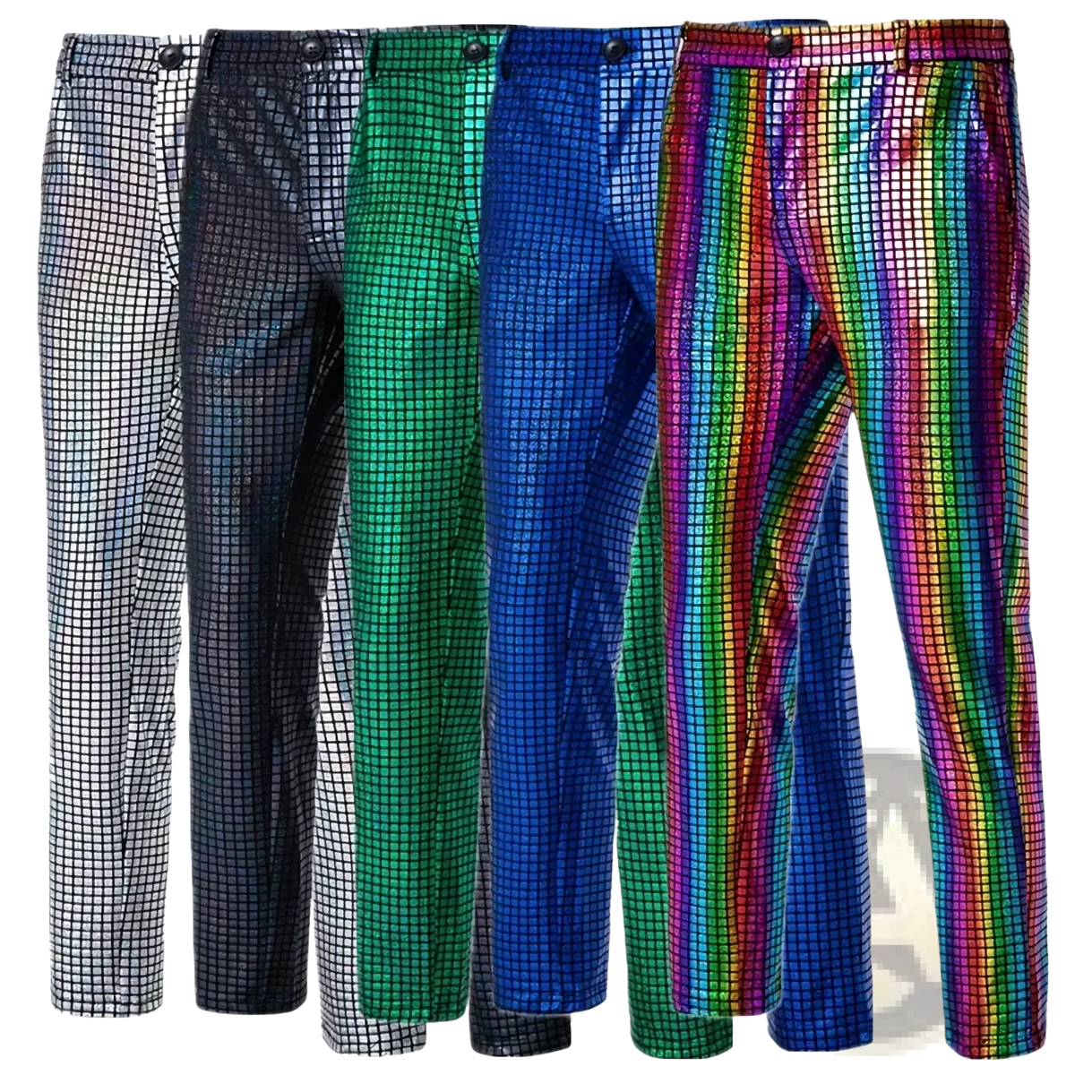 A set of men sequined checkered suit pants in silver black green blue and rainbow stripes for party wear