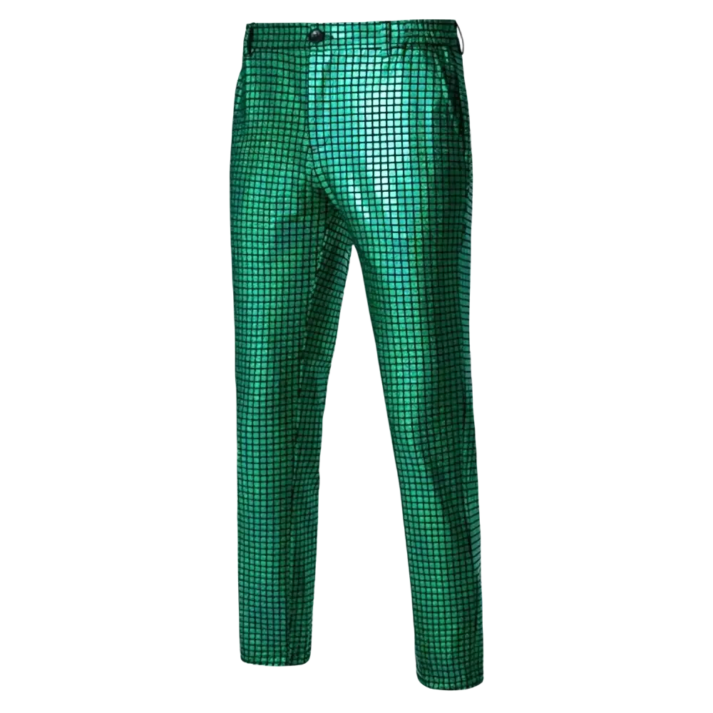 Men sequined checkered suit pants in shiny emerald green with a sleek modern cut for shimmering party wear