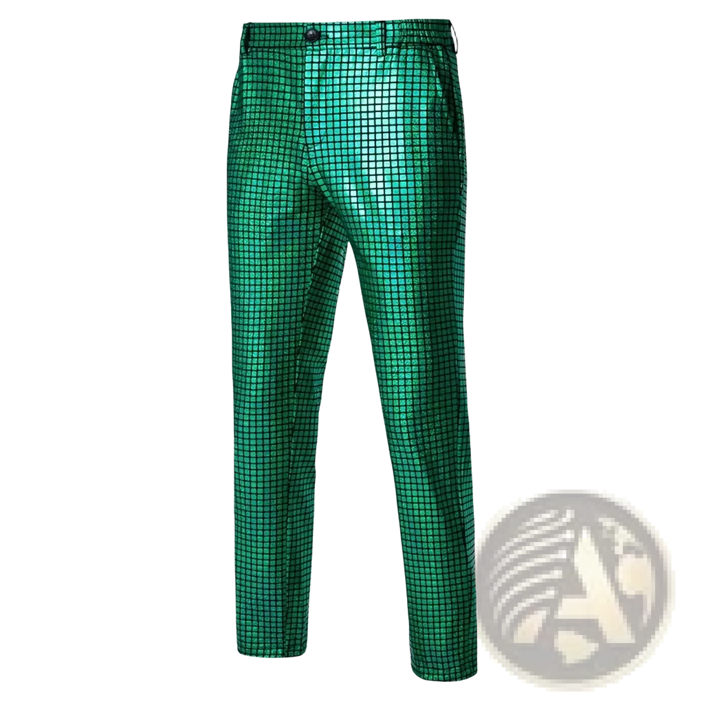 Men sequined checkered suit pants in shiny emerald green with a metallic sheen for shimmering party wear