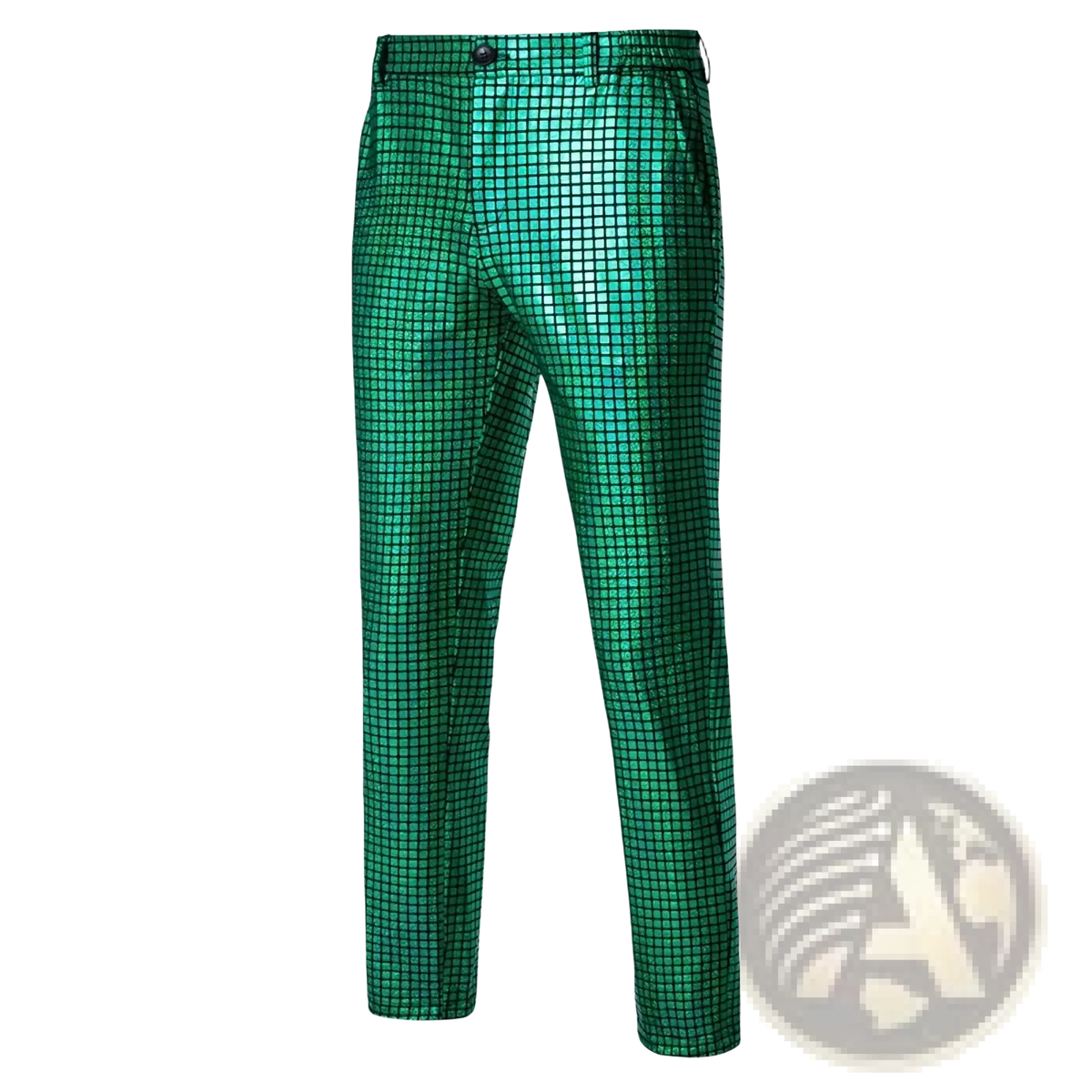 Men sequined checkered suit pants in shiny emerald green with a metallic sheen for shimmering party wear