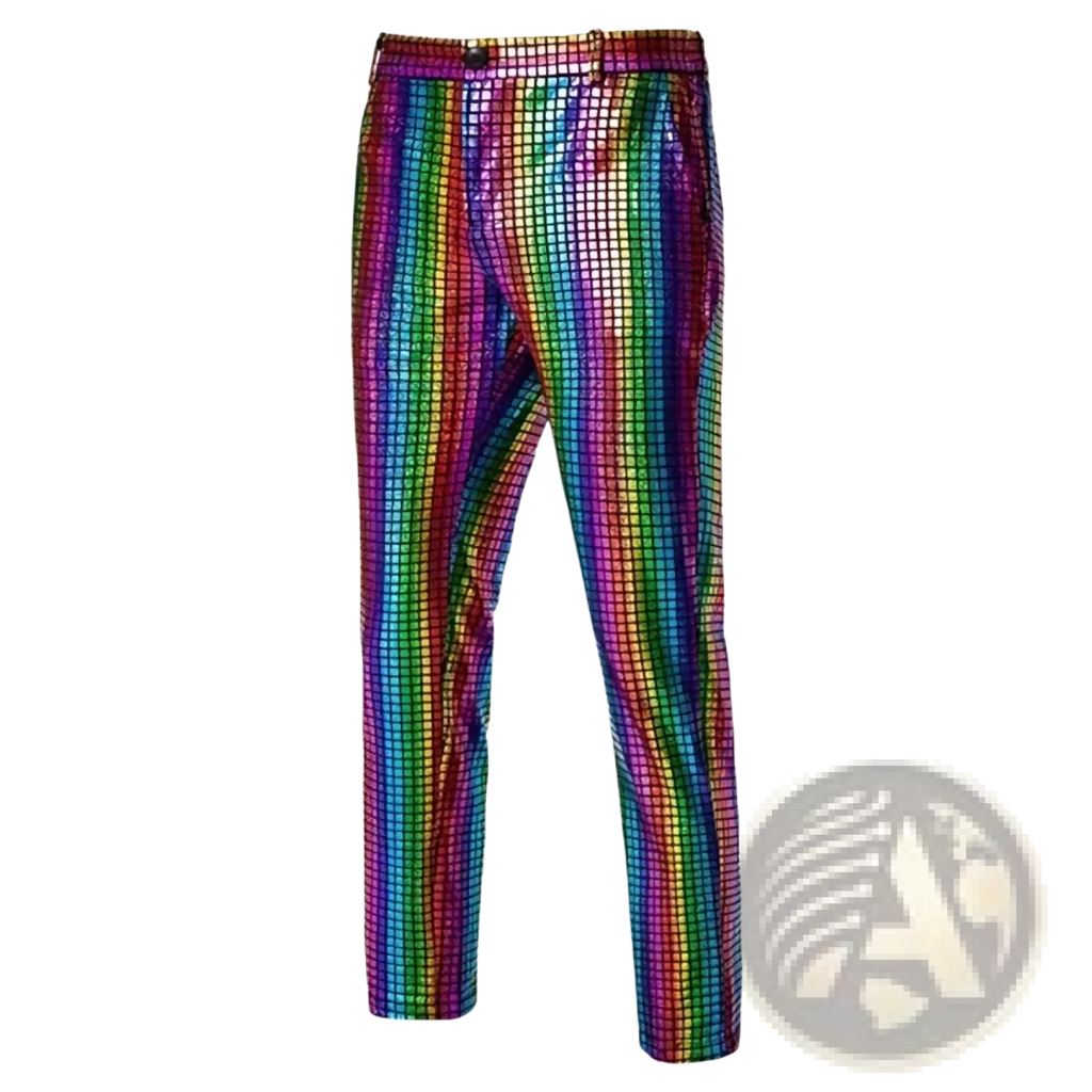 Men sequined checkered suit pants with rainbow iridescent grid pattern and shiny metallic finish for parties