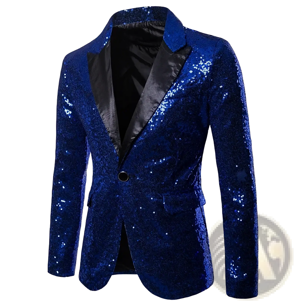Men sequined formal blazer jacket in royal blue with black satin lapel and inner lining showcasing a dazzling design