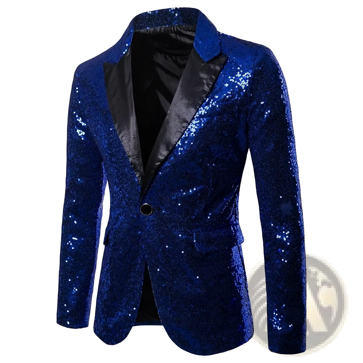 Men sequined formal blazer jacket in royal blue with black satin lapel and inner lining showcasing a dazzling design