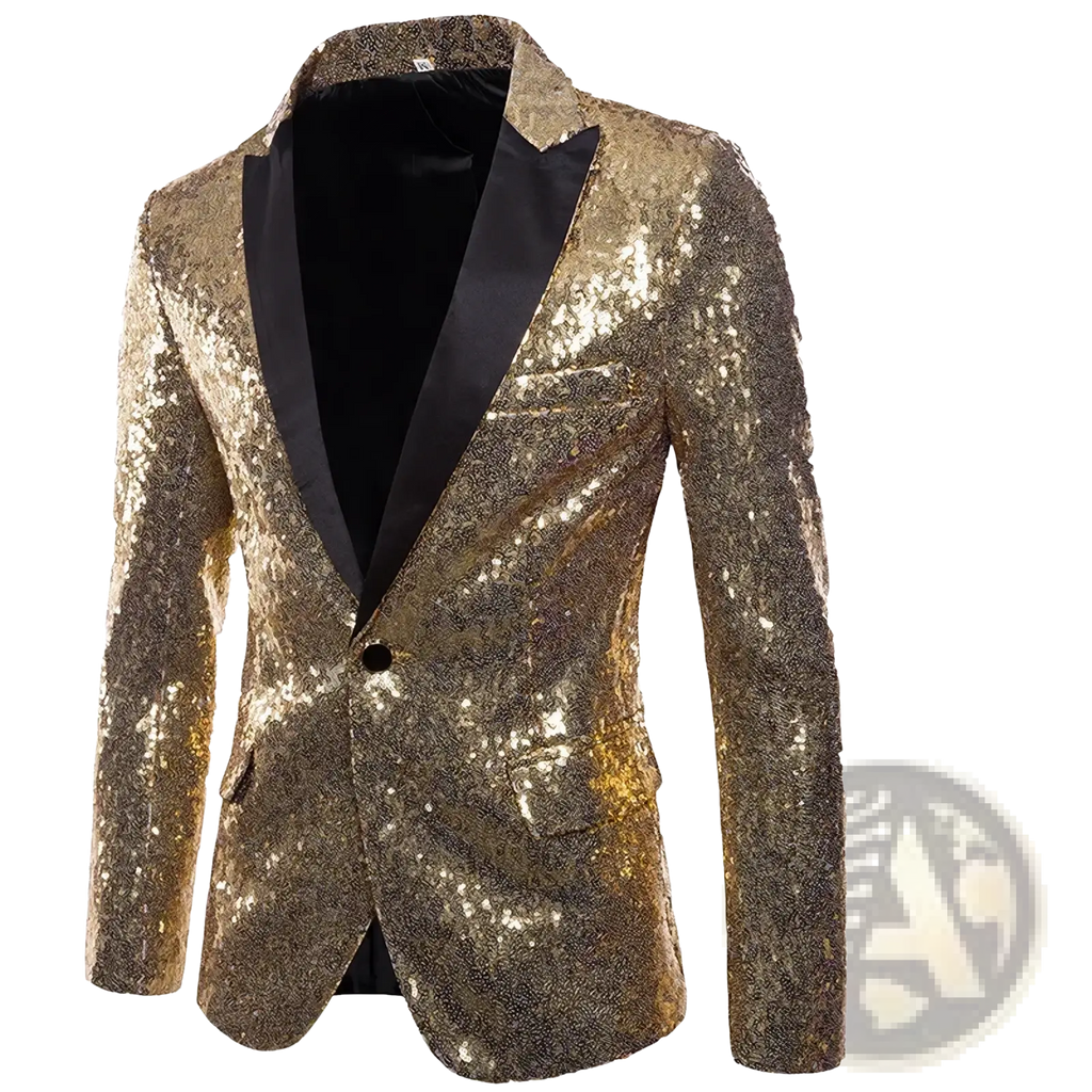 Men sequined formal blazer jacket in gold with black satin lapels and single button closure for elegant occasions