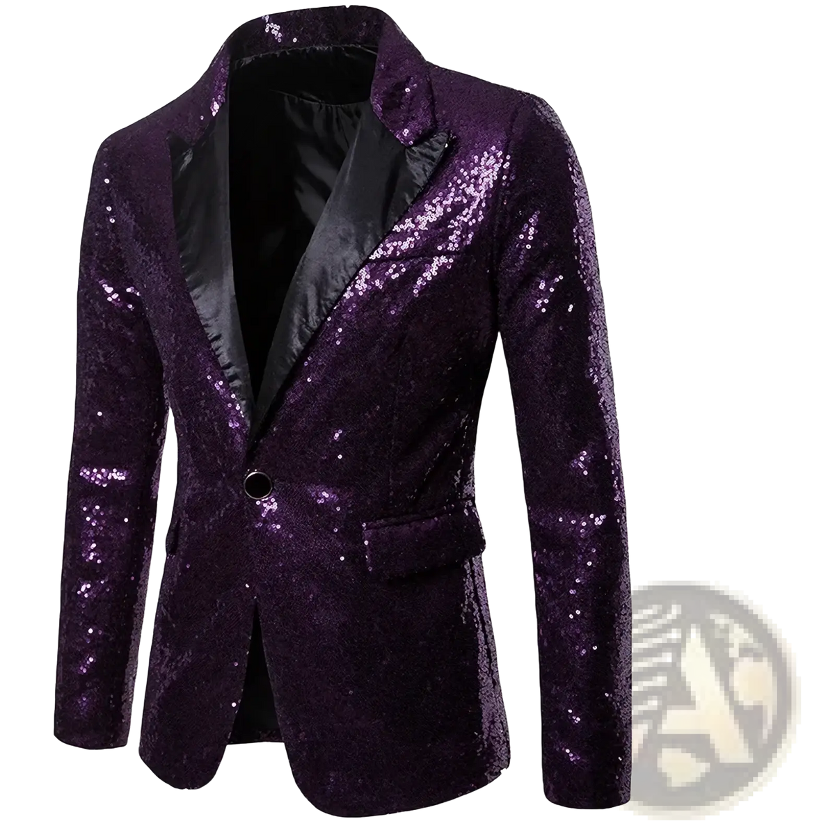 Men sequined formal blazer jacket featuring a purple sequined fabric with black satin lapels and single button closure