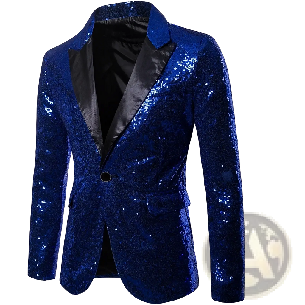 Men sequined formal blazer jacket in dazzling royal blue with black satin lapel and inner lining for elegant events