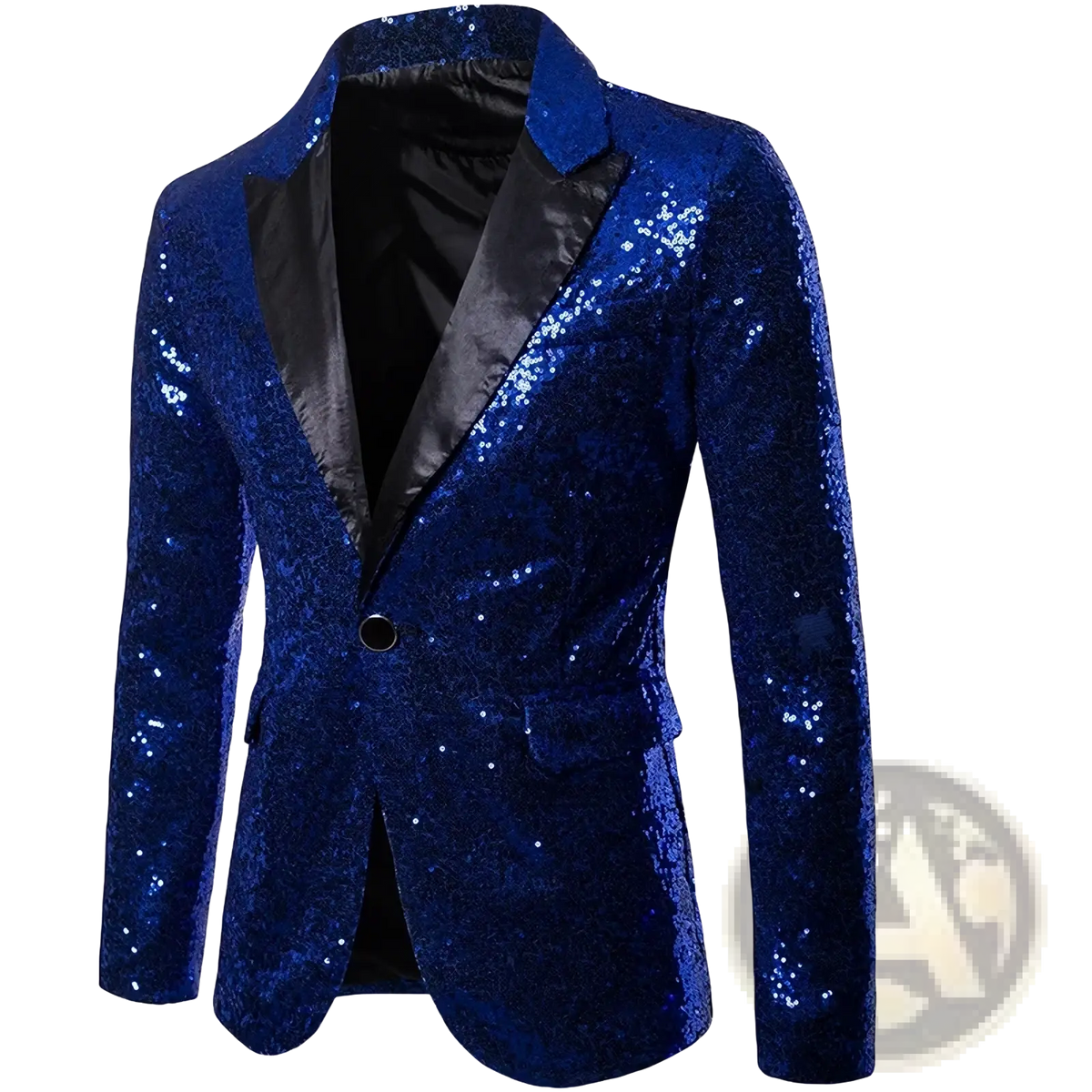 Men sequined formal blazer jacket in dazzling royal blue with black satin lapel and inner lining for elegant events