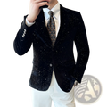 Men sequined velvet suit jacket slim fit black blazer with sparkling starry pattern on soft velvet fabric