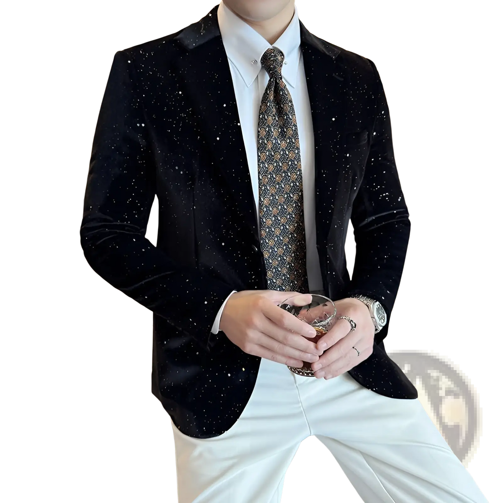 Black velvet slim fit men sequined suit jacket with sparkling silver star-like embellishments on the front