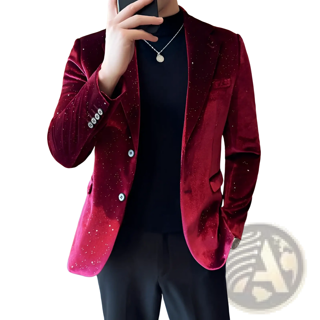Men sequined velvet suit jacket slim fit in burgundy with a pink gradient fade and sparkling embellishments
