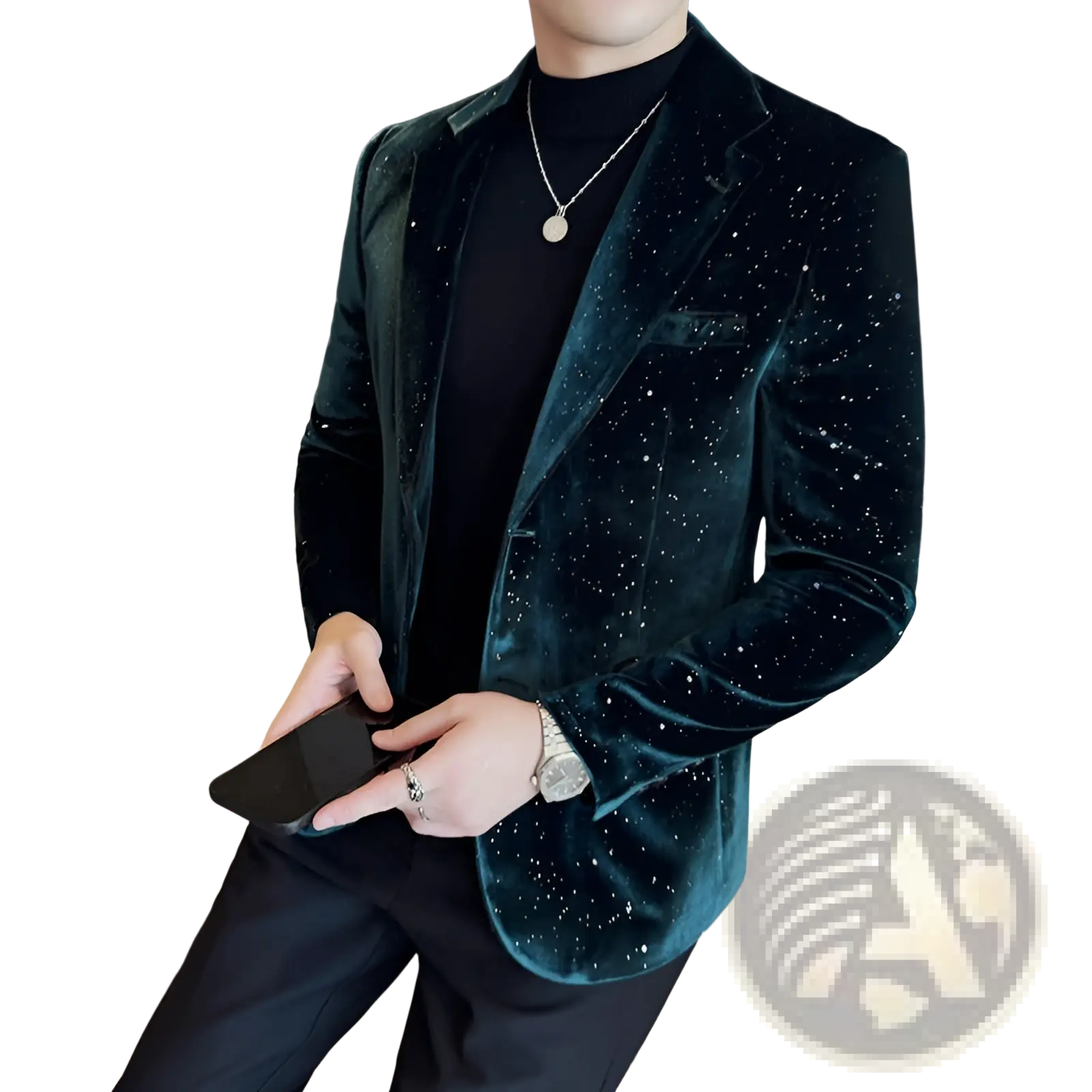Men sequined velvet suit jacket slim fit in shimmering dark green velvet adorned with sparkling silver sequins