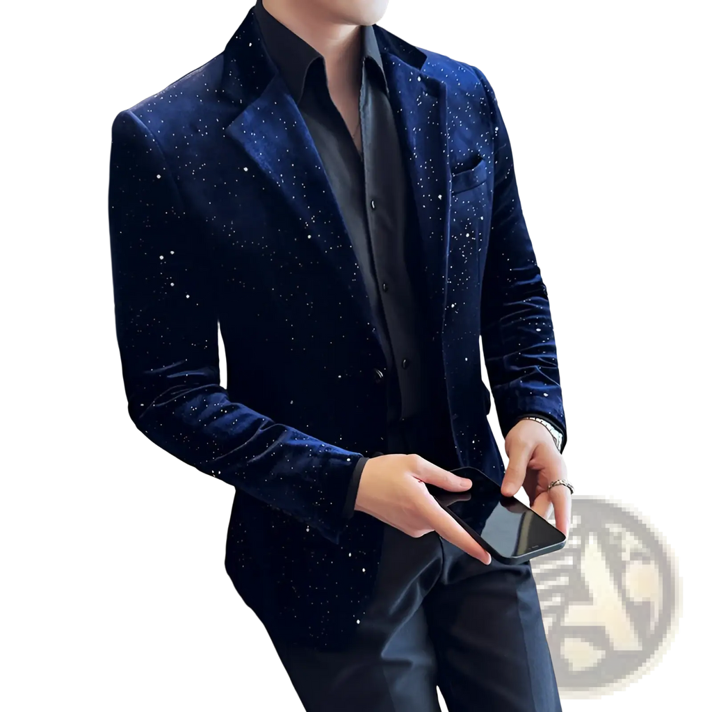 Men sequined velvet suit jacket slim fit navy blue velvet blazer adorned with sparkling silver sequins front view