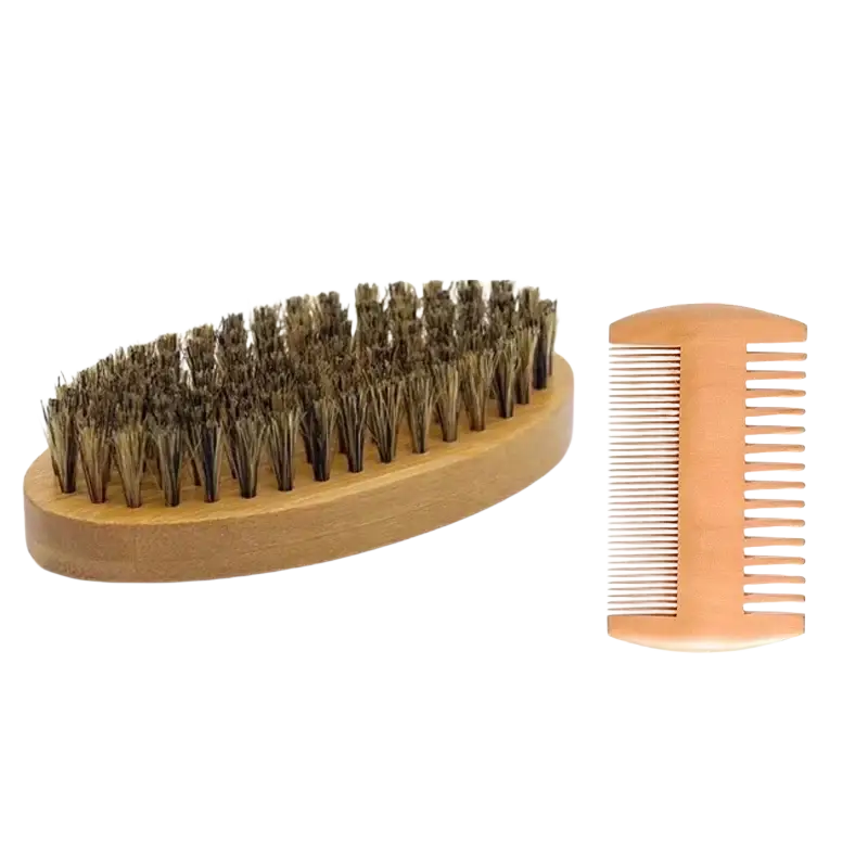 Light brown wooden shaving brush with dense dark bristles and matching comb for men grooming set