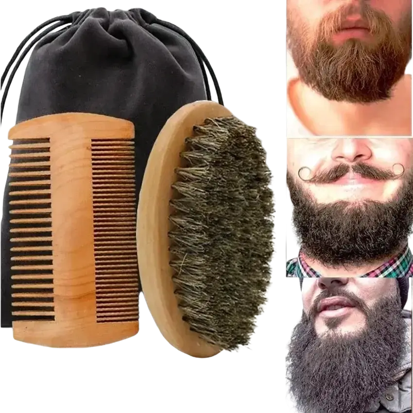 Natural wood beard comb and shaving brush set with black drawstring pouch for men shaving brush grooming
