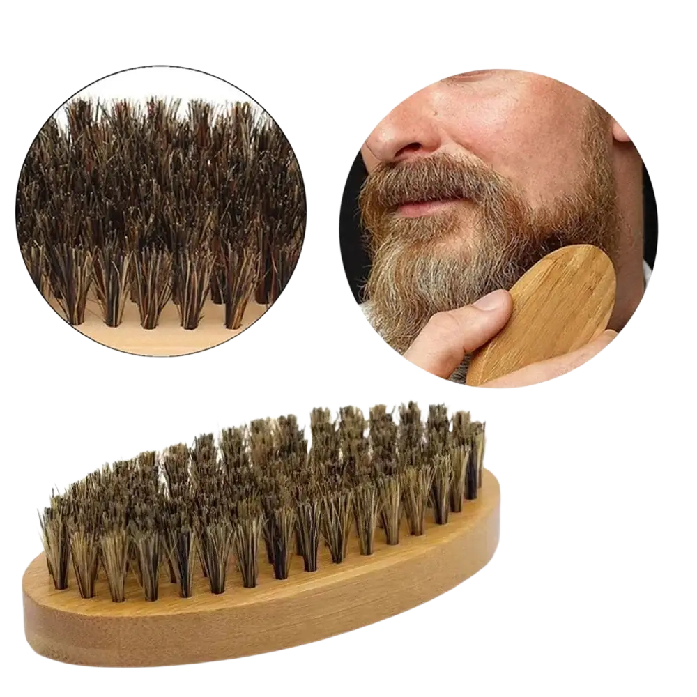 A natural wood-handled shaving brush with dense dark brown and black bristles for beard grooming