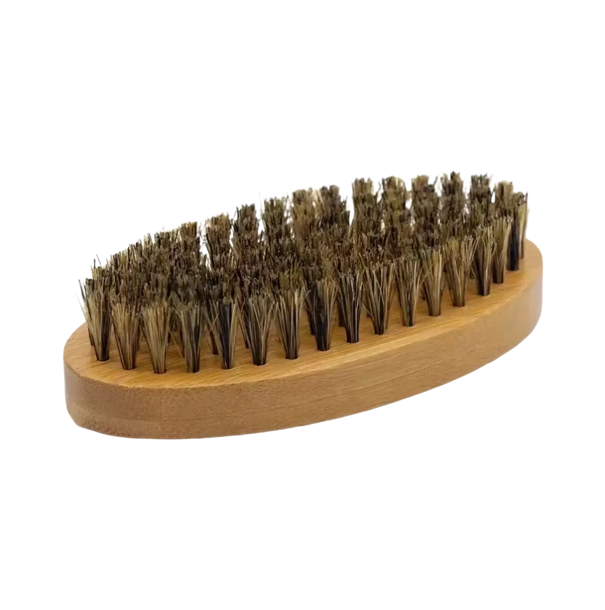 Men shaving brush with natural wood handle and dense dark brown bristles in an oval shape for beard grooming