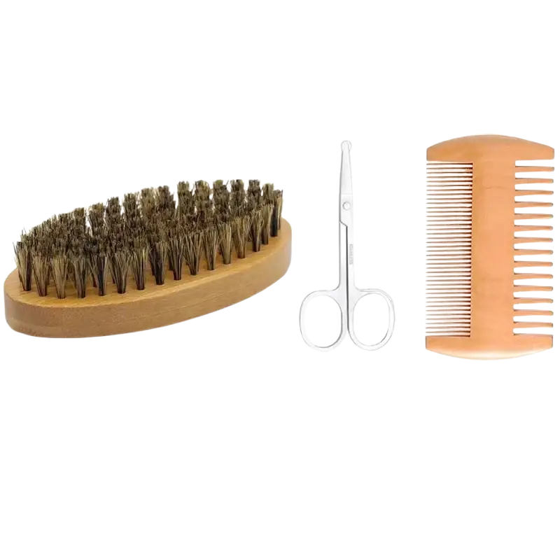 Wooden oval shaving brush with dark brown bristles and light tan handle for men shaving and beard grooming set