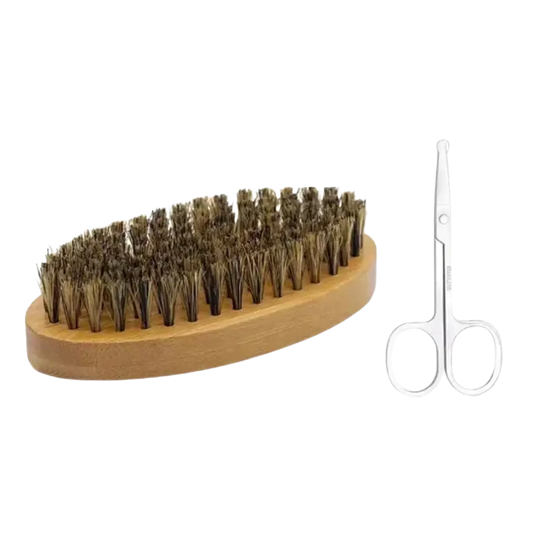 Wooden oval shaving brush with dense brown bristles and silver grooming scissors for men beard grooming set