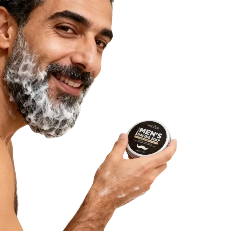 Saddler men shaving soap solid bar in black and silver tin with mustache logo for beard grooming and shaving use