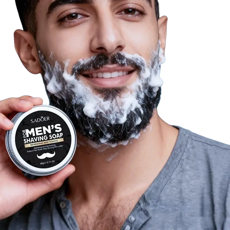 Sadoer men shaving soap solid bar in a sleek black and silver tin designed for beard grooming
