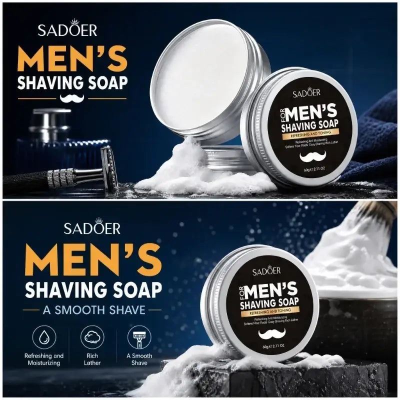 Sadoer men shaving soap solid bar in a sleek silver tin with black and gold labeling and creamy white lather for beard grooming