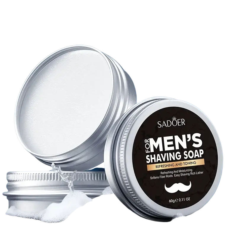 Silver cylindrical container of sadoer men shaving soap solid bar with black label for beard grooming and shaving soap use
