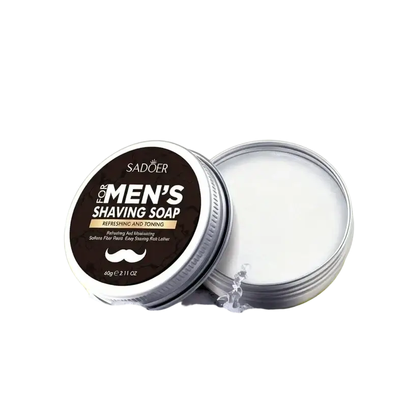 Silver tin of sadoer men shaving soap solid bar with white creamy interior and olive branch for beard grooming