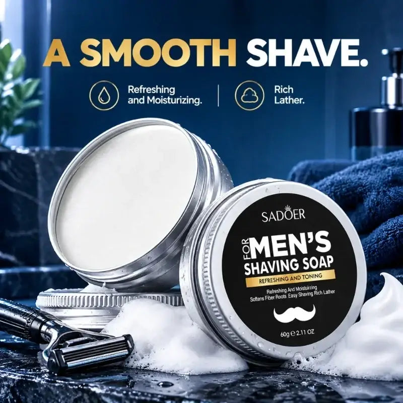 Silver tin of Sadoer men’s solid shaving soap with creamy white contents and black label featuring gold text for beard grooming
